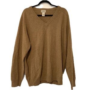 LL Bean Mens Large Sweater V Neck 100% Lambswool Tan Brown Long Sleeve Vtg